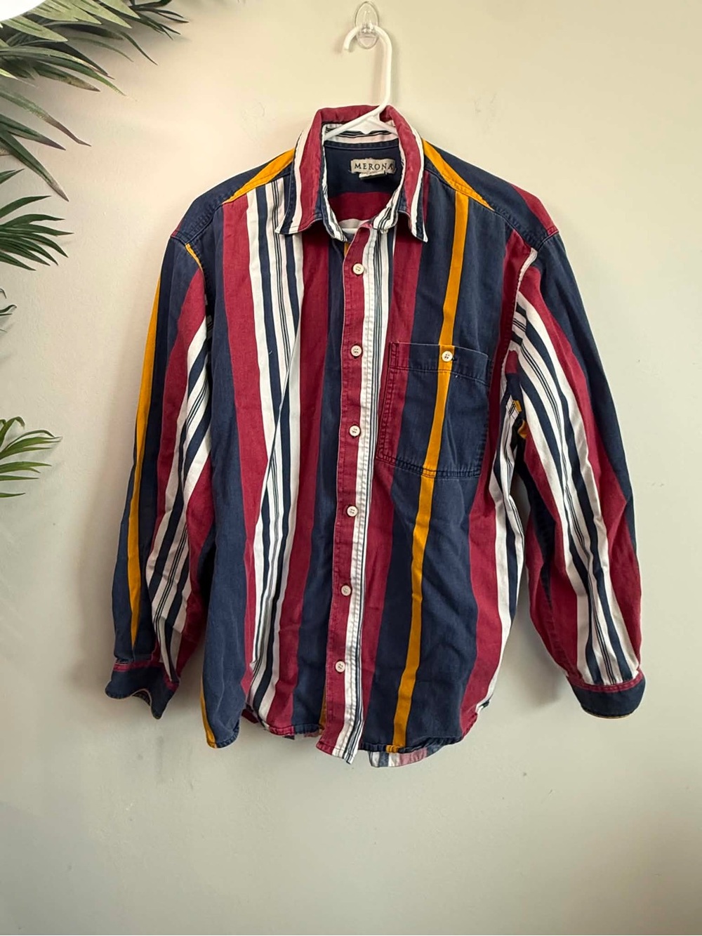 Merona Multi-Stripe Button-Down Shirt in Burgundy, Navy, Mustard & White